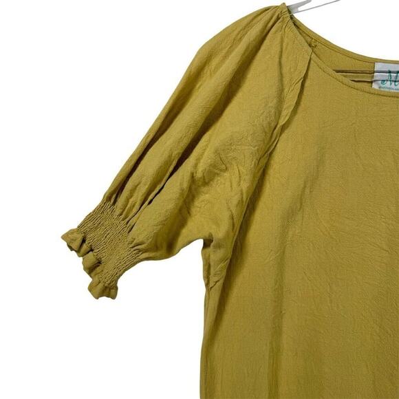 ShopTheMint Women M Yellow Boho Smocked Short Sleeve Linen Blouse Fall Layering - Picture 3 of 9